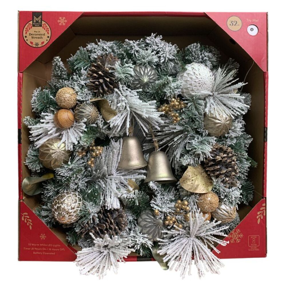 Member's Mark 32" Pre-Lit Decorated Wreath, Flocked Spruce & Bristle Pine